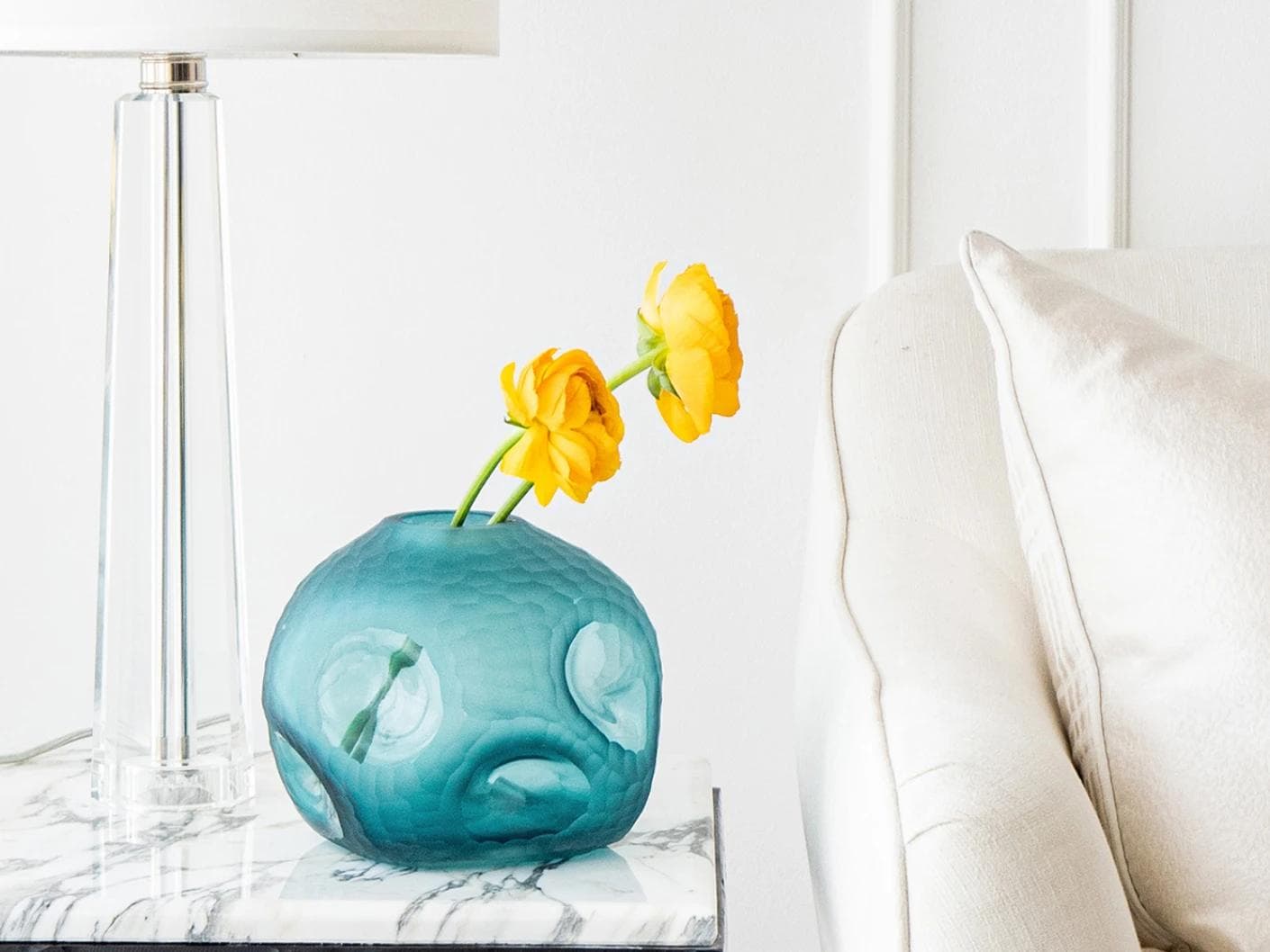 Tiffany Storms II vases in turquoise, shown in a lifestyle front view as image 5