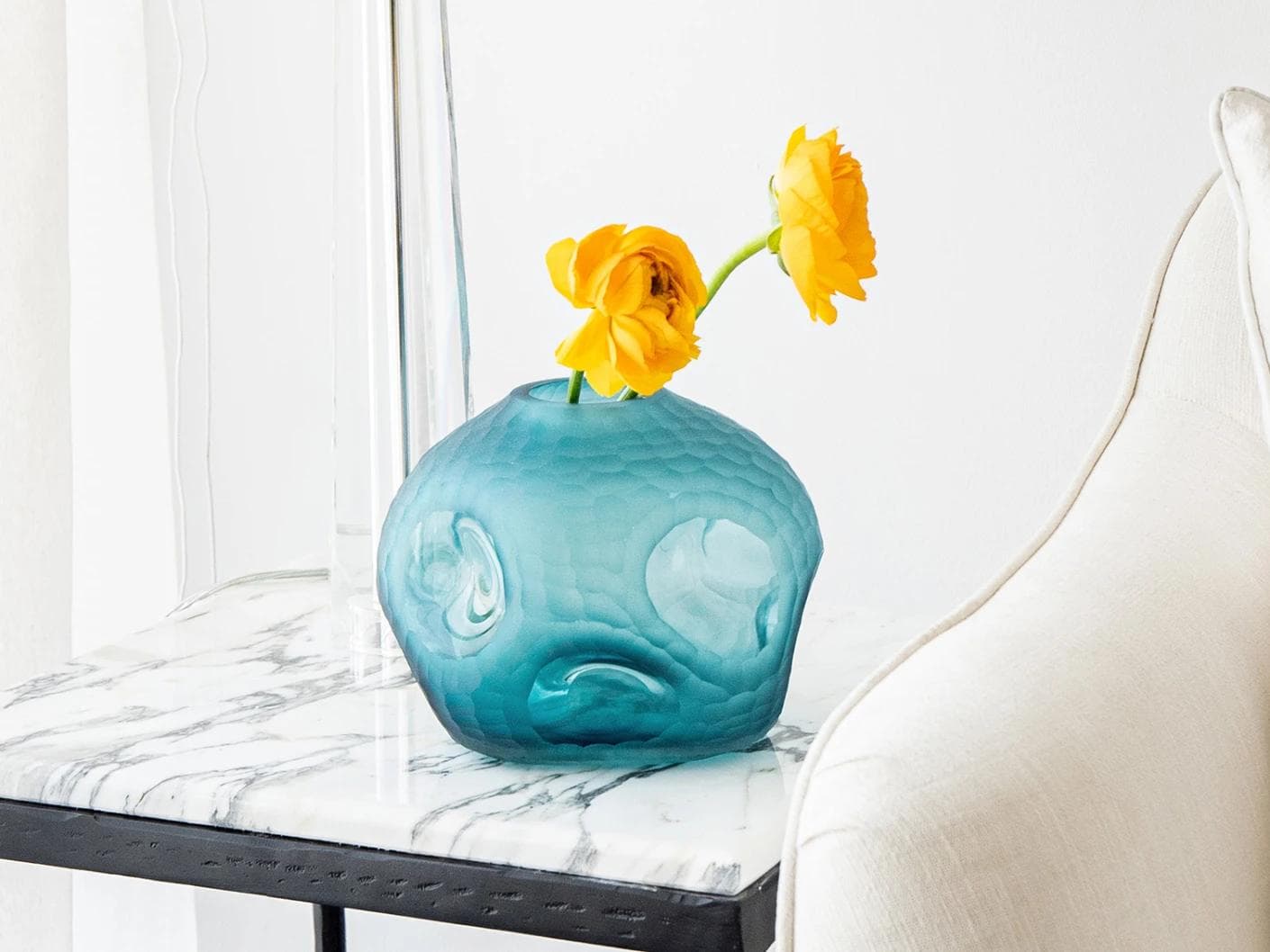 Tiffany Storms II vases in turquoise, shown in a lifestyle right view as image 6