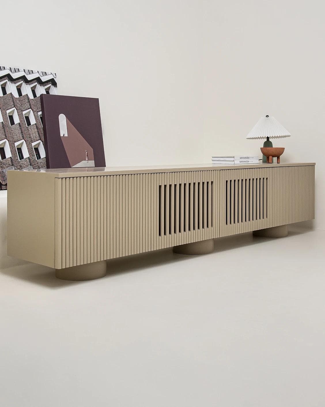 Treviso TV unit in warm clay and taupe, shown in a lifestyle left view as image 7