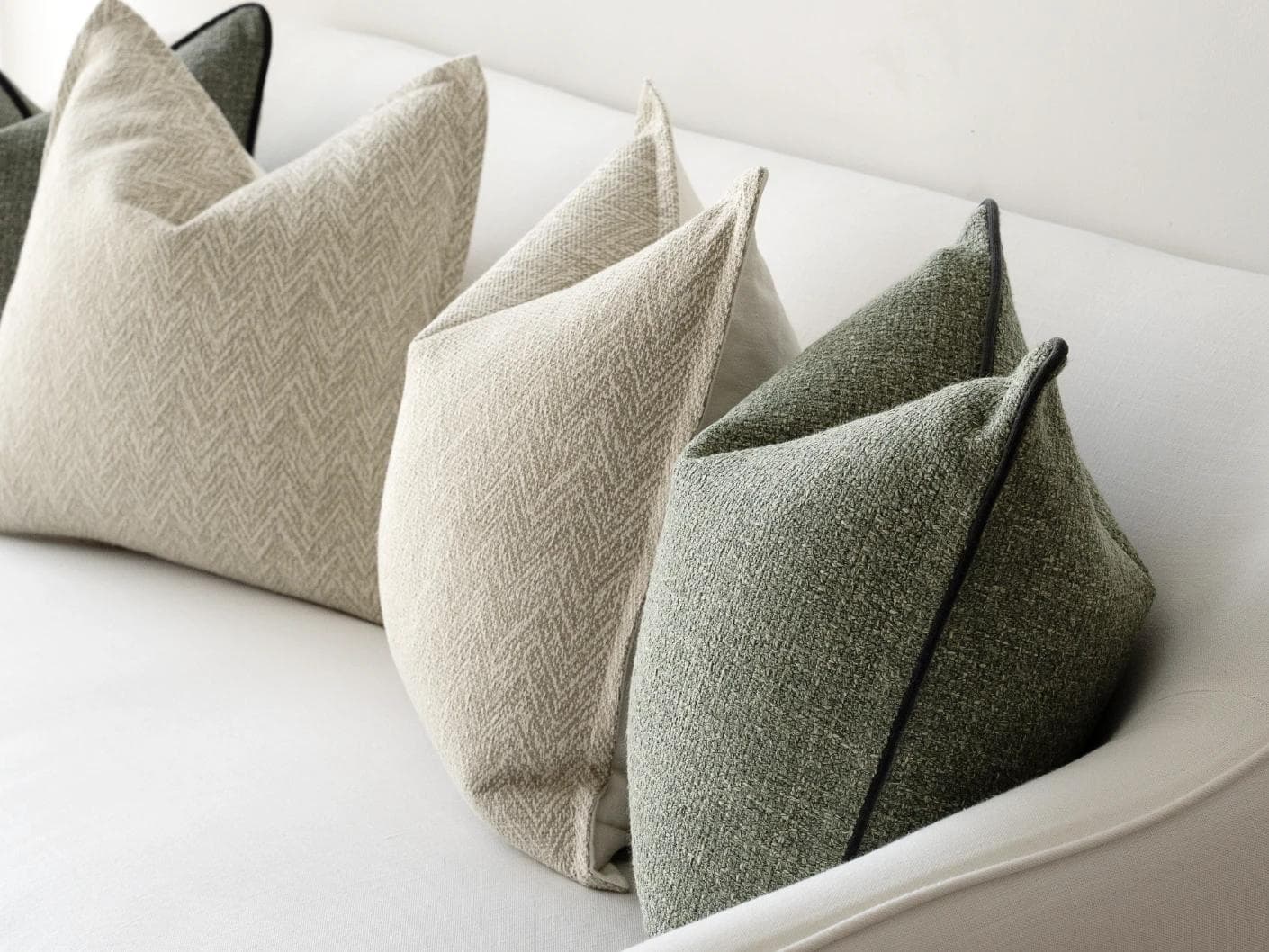 Trish Bundle cushion in beige and green, shown in a product right view as image 6
