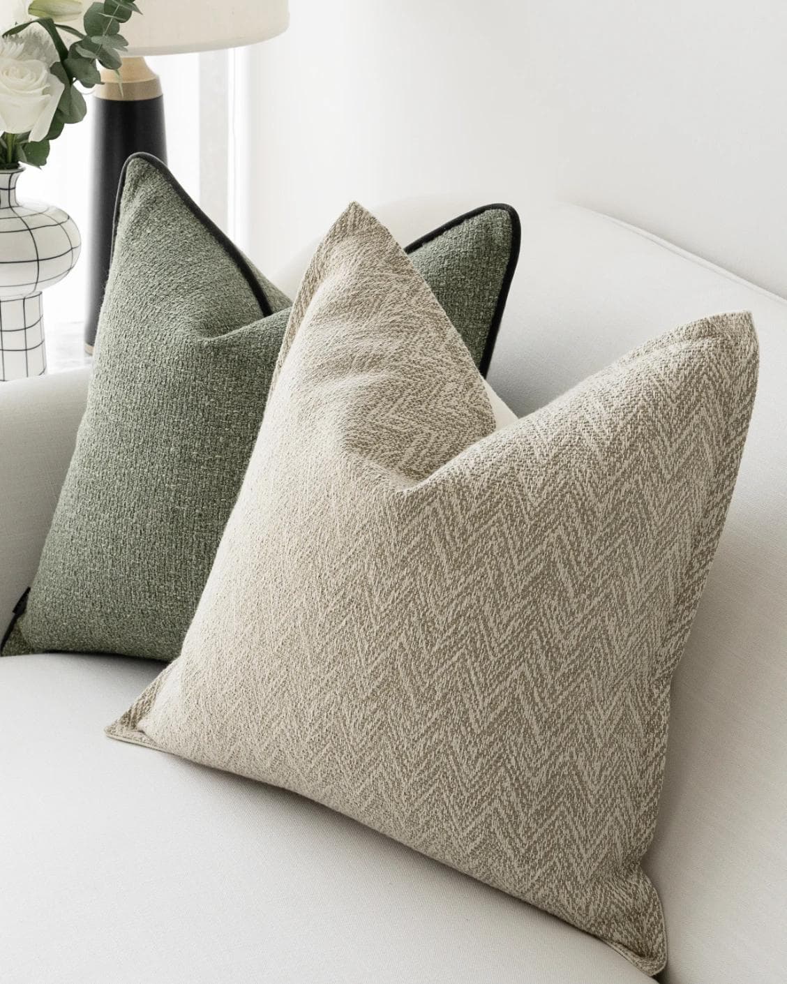 Trish Bundle cushion in beige and green, shown in a product right view as image 7