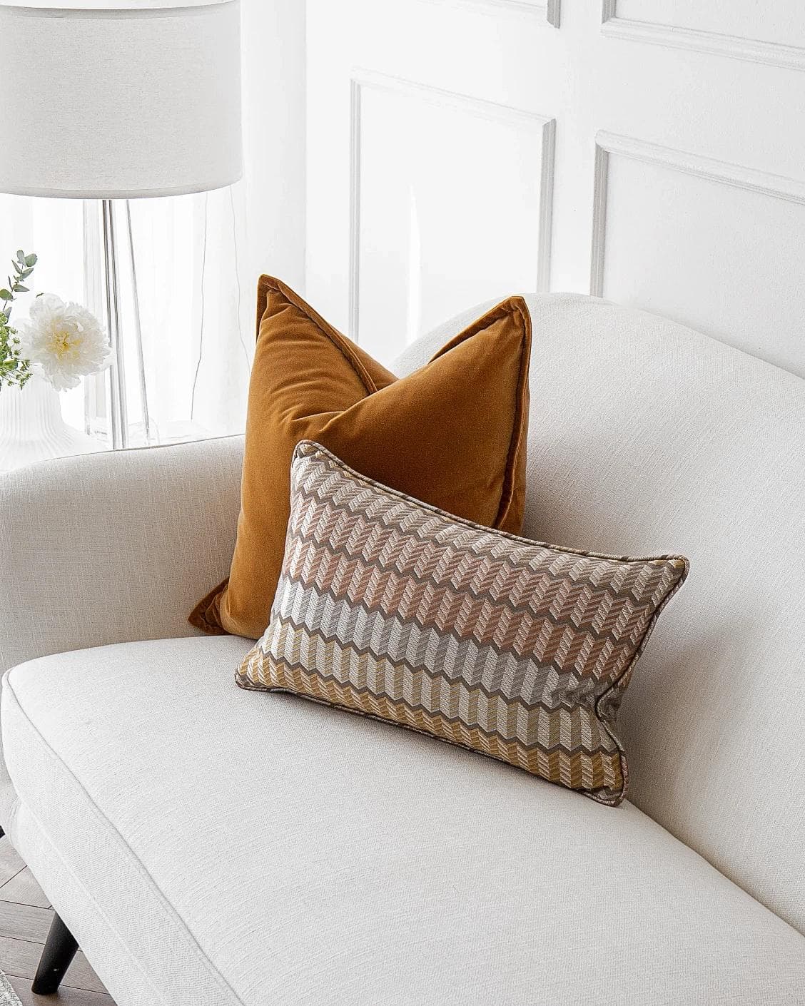 Ellie Bundle cushion in orange and yellow, shown in a lifestyle right view as image 5