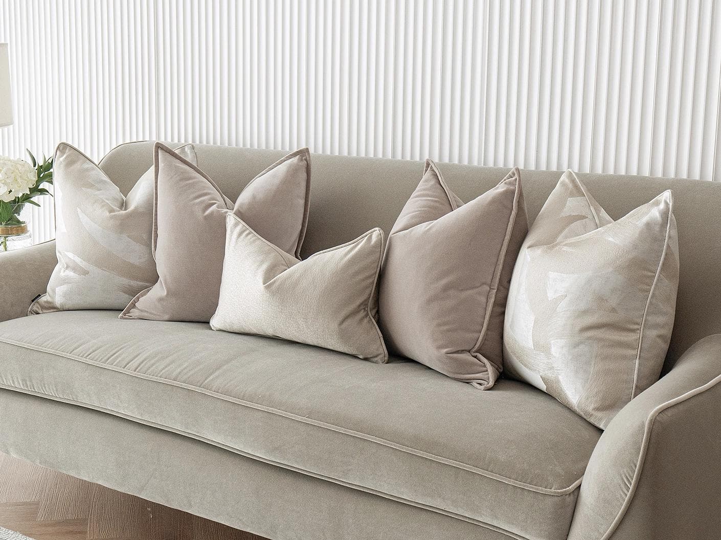 Spencer Bundle cushion in beige and silver, shown in a lifestyle right view as image 4