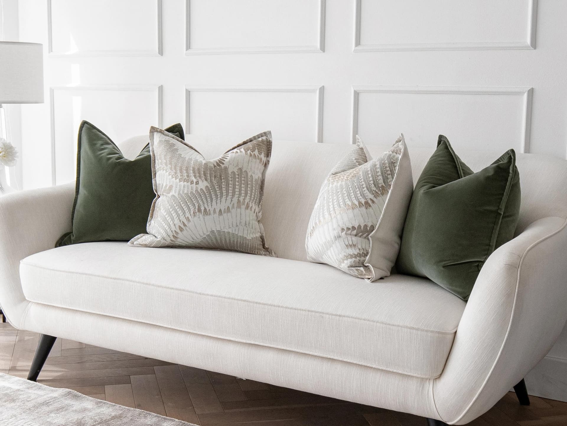 Grace Bundle cushion in green, brown and grey, shown in a lifestyle right view as image 2