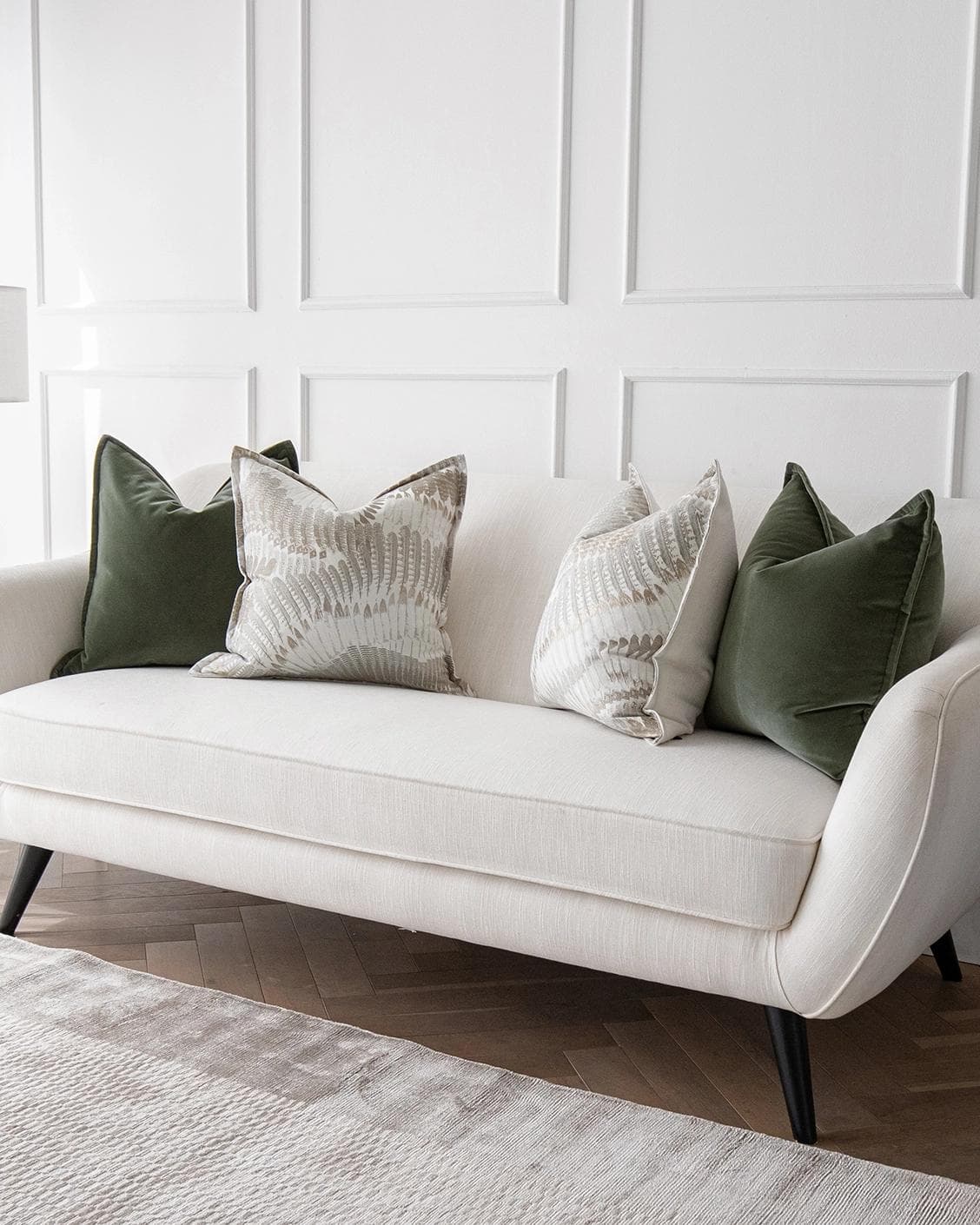 Grace Bundle cushion in green, brown and grey, shown in a lifestyle right view as image 2
