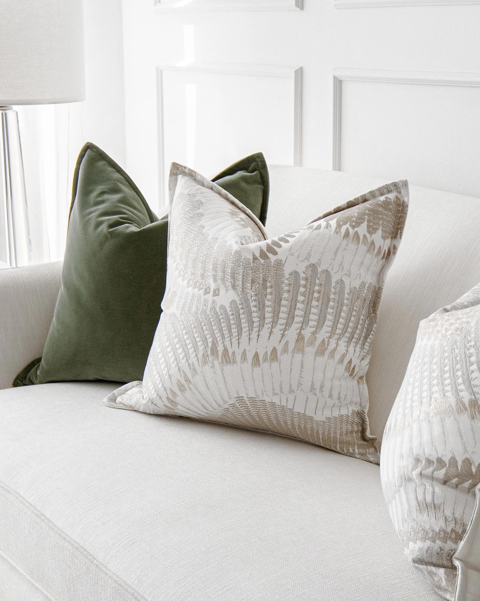 Grace Bundle cushion in green, brown and grey, shown in a lifestyle right view as image 7