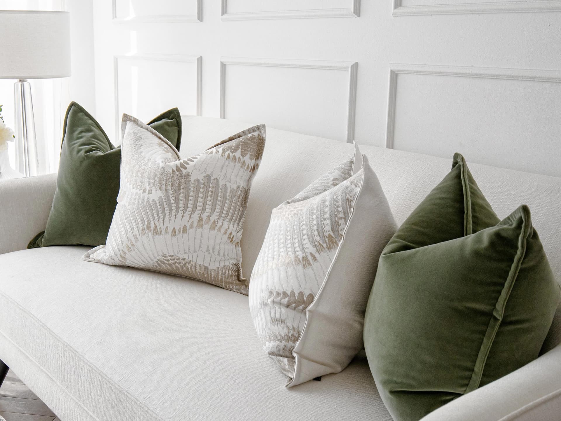 Grace Bundle cushion in green, brown and grey, shown in a lifestyle right view as image 7