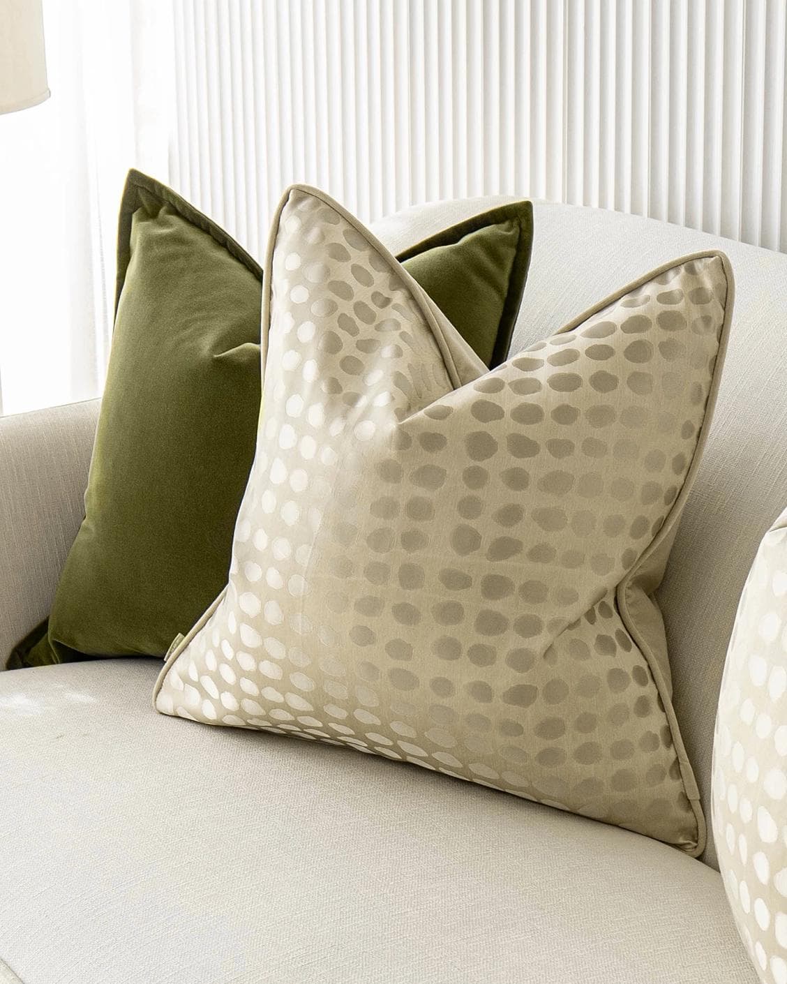 Orion Bundle cushion in green, beige and gold, shown in a product right view as image 5