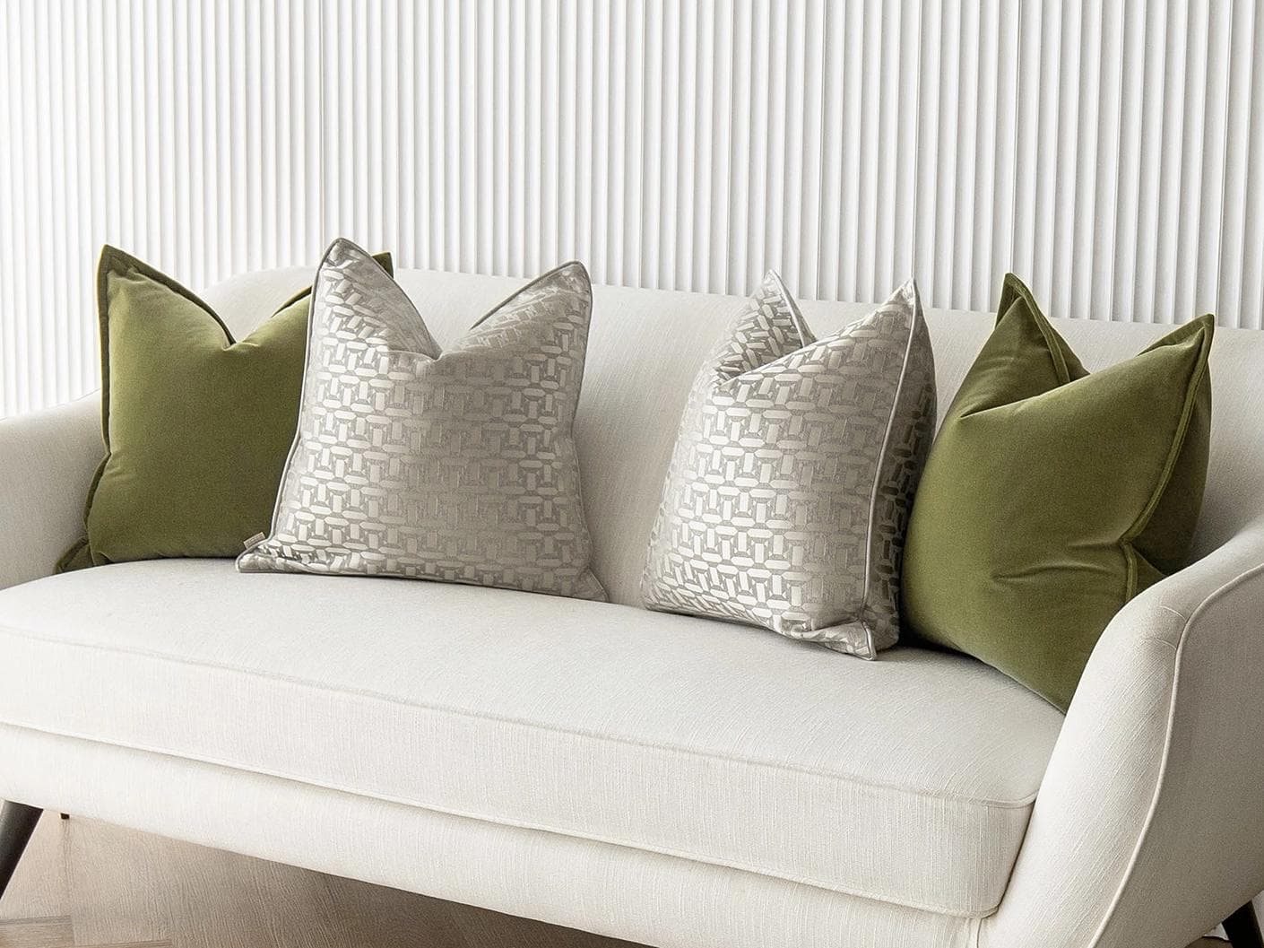 Oriana Bundle cushion in green, beige and silver, shown in a lifestyle right view as image 2