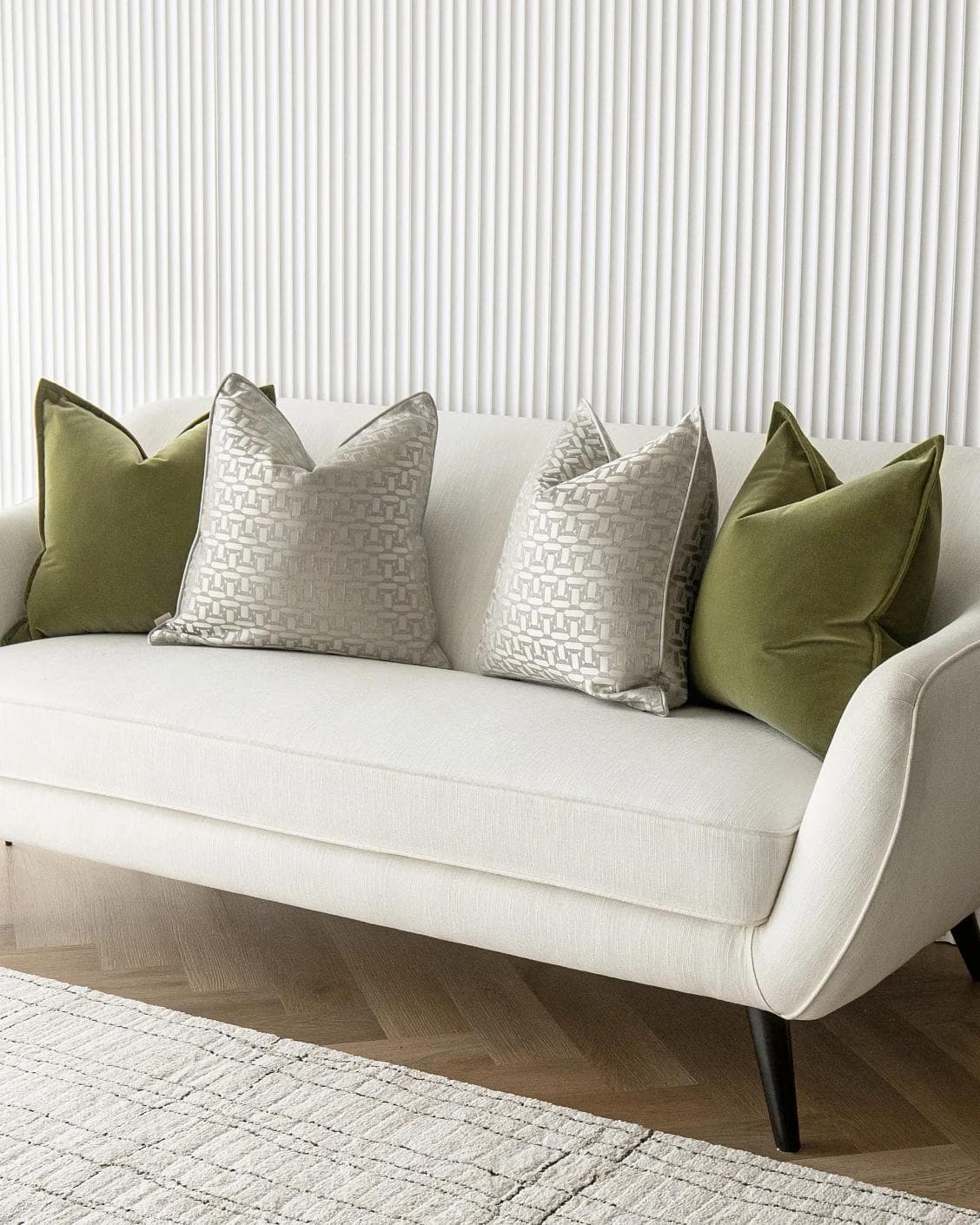 Oriana Bundle cushion in green, beige and silver, shown in a lifestyle right view as image 2
