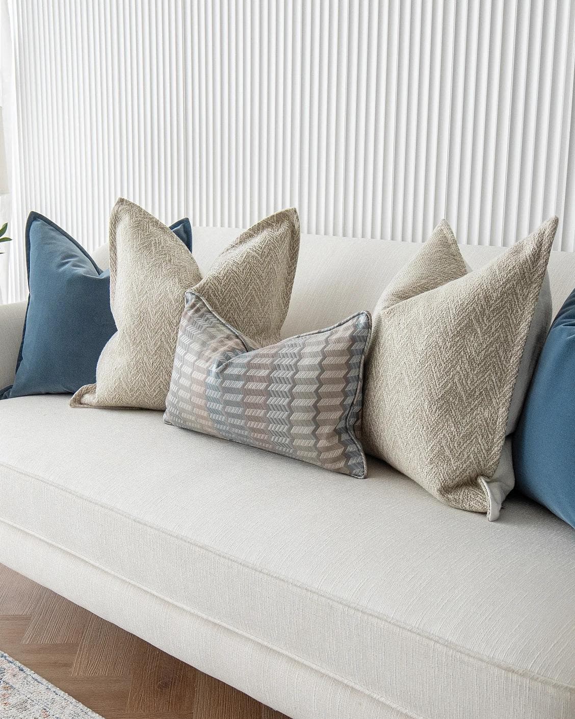 Stephan Bundle cushion in silver, blue and beige, shown in a product right view as image 8