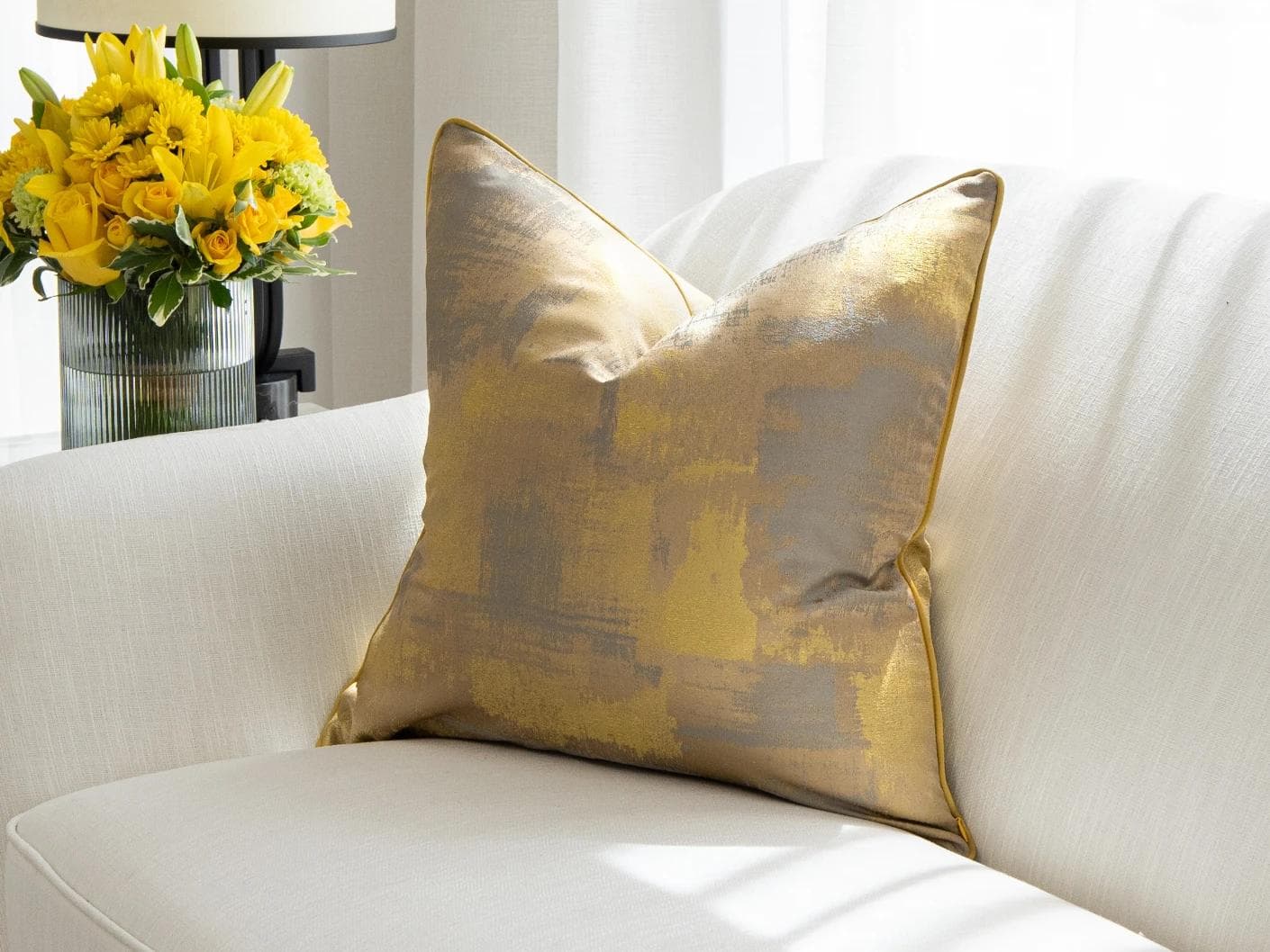 Venus Klimt cushion in yellow, shown in a lifestyle front view as image 2