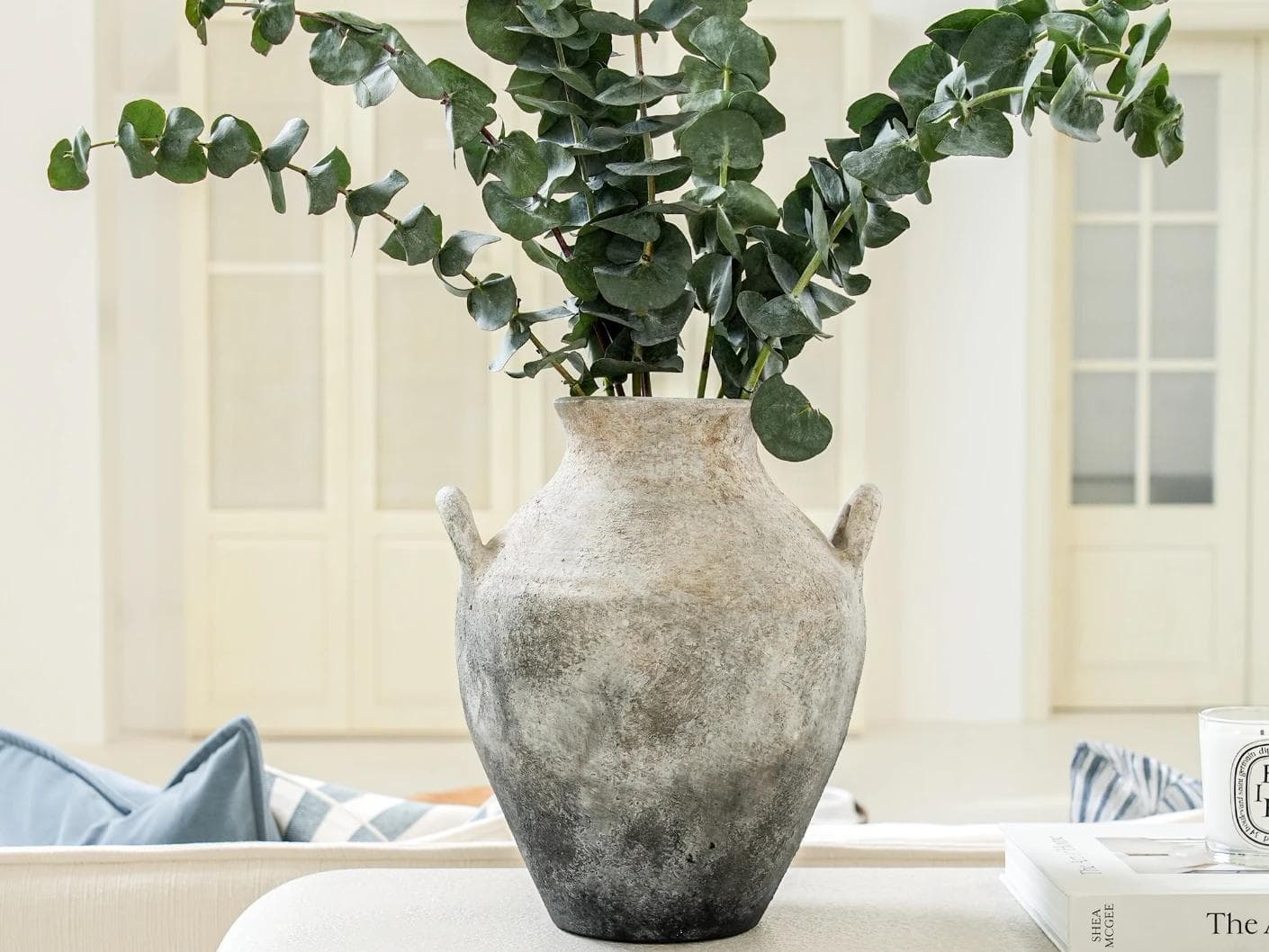 Vess Terra vases in stone and grey, shown in a lifestyle front view as image 2