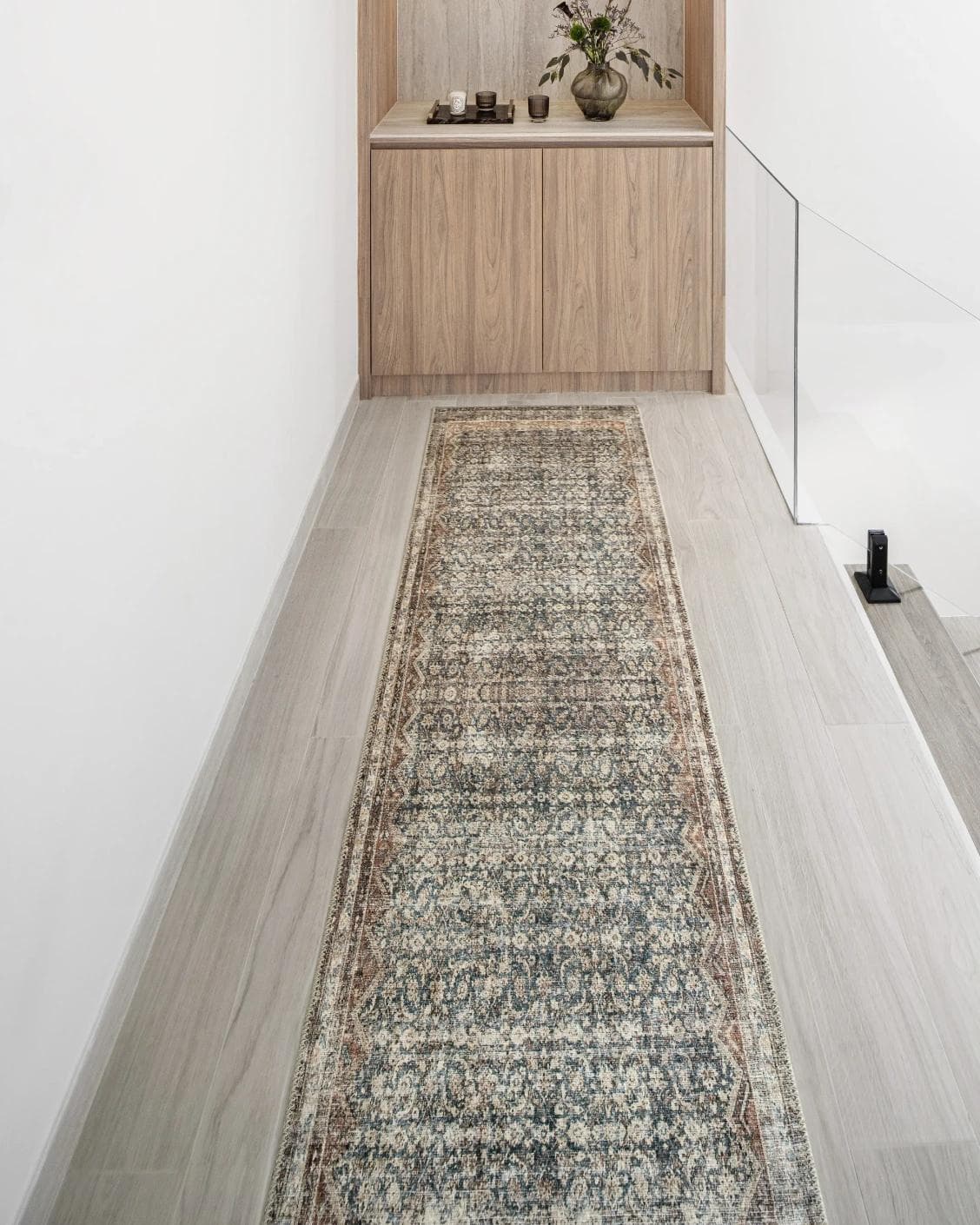 Vince Denim Runners carpet in beige, rust and multicolour, shown in a lifestyle front view