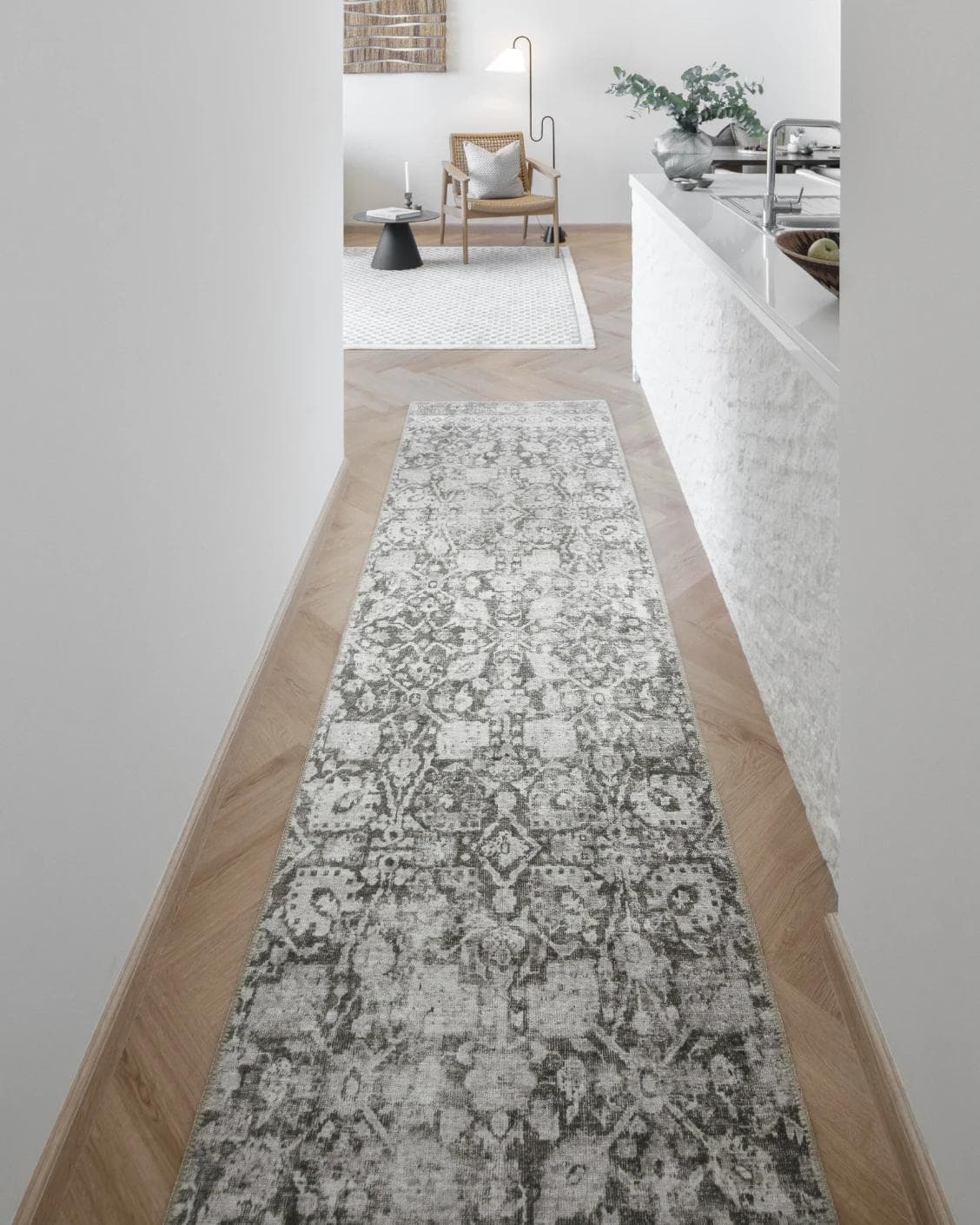 Vince Porcini Runners carpet in grey and charcoal, shown in a lifestyle front view