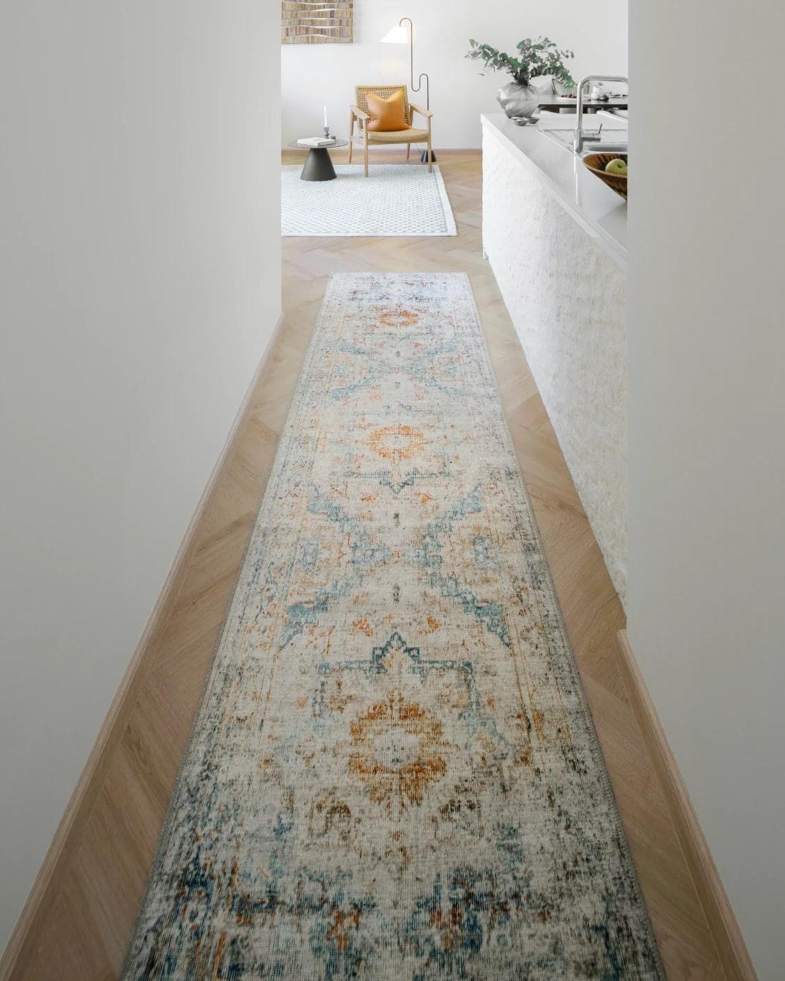 Vince Tangelo Runners carpet in beige, blue, orange and multicolour, shown in a lifestyle front view