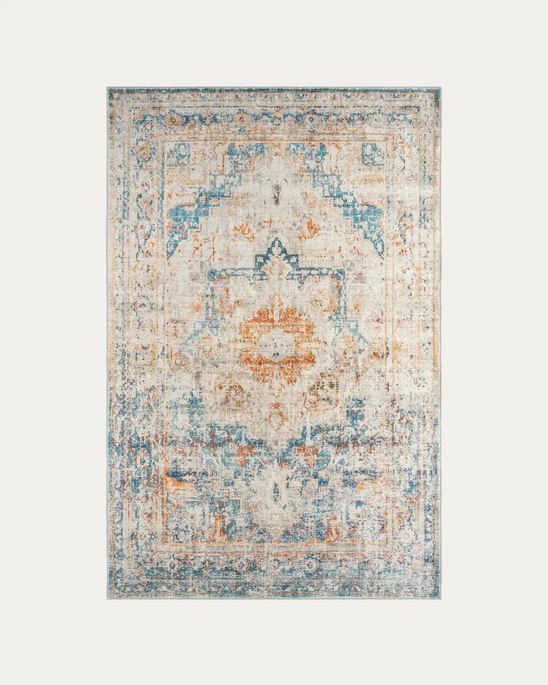 Vince Tangelo carpets in beige, blue, orange and multicolour, shown in a product top view as image 1