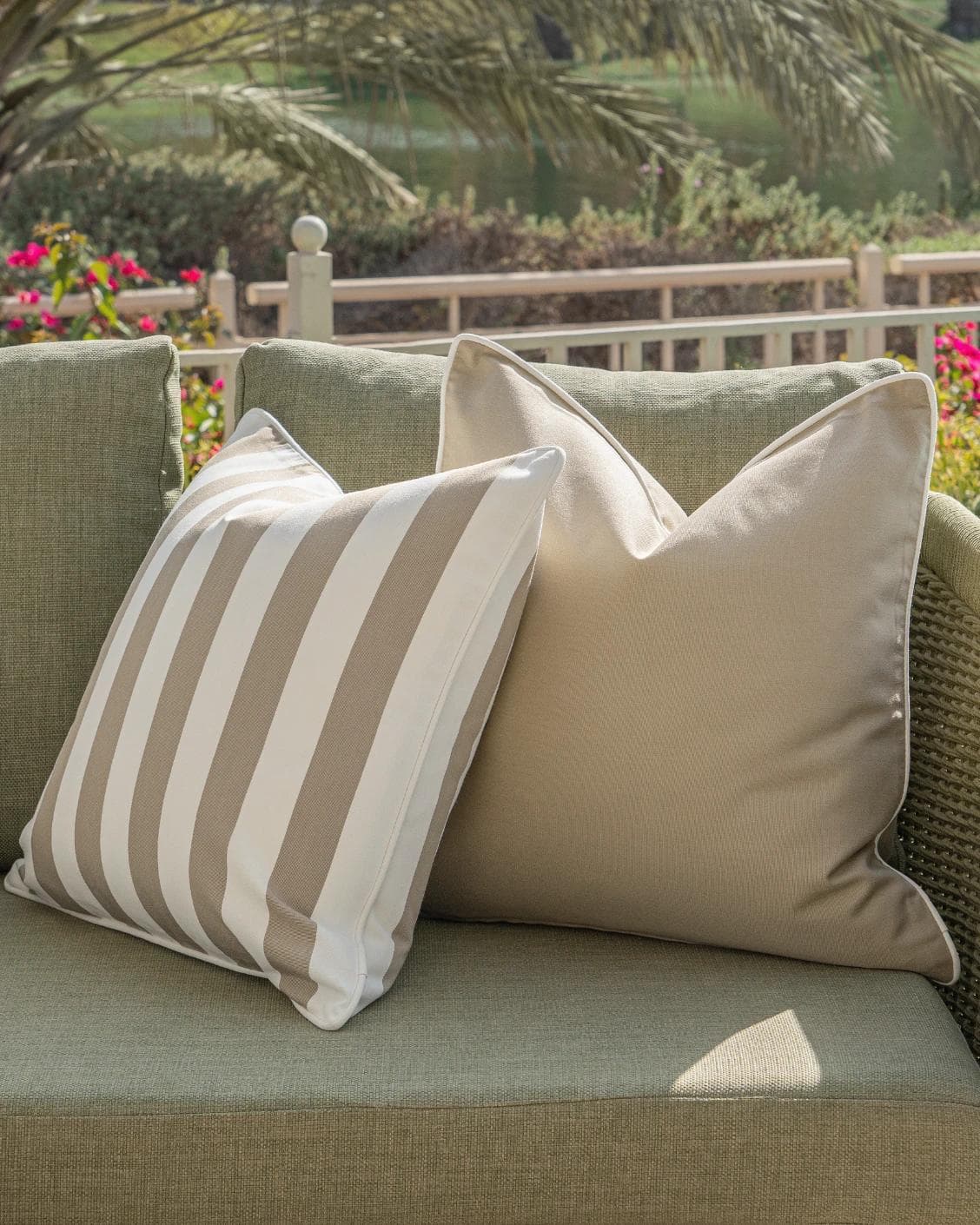 Vrithi Bundle cushion in beige, shown in a lifestyle front view as image 5