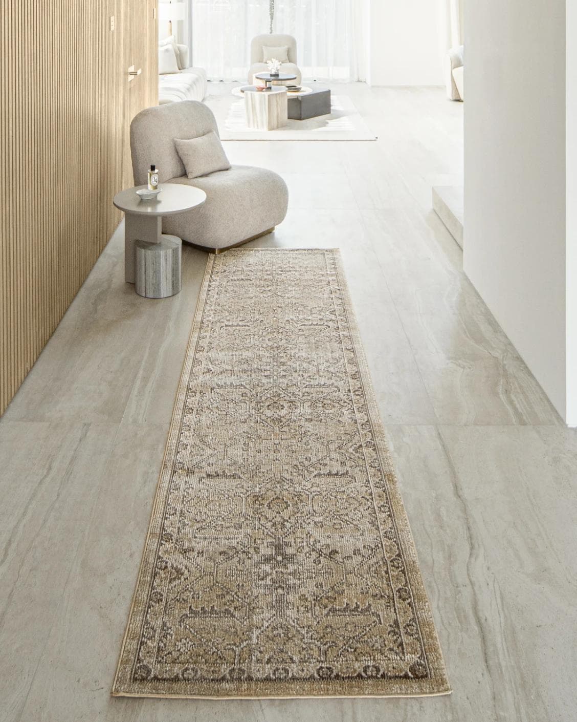 Warren Clay Runners carpet in brown and beige, shown in a lifestyle front view