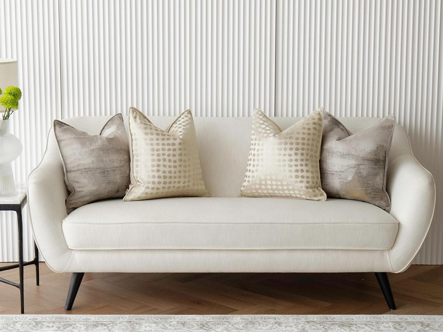 Candace Bundle cushion in yellow, silver, beige and gold, shown in a lifestyle front view as image 4