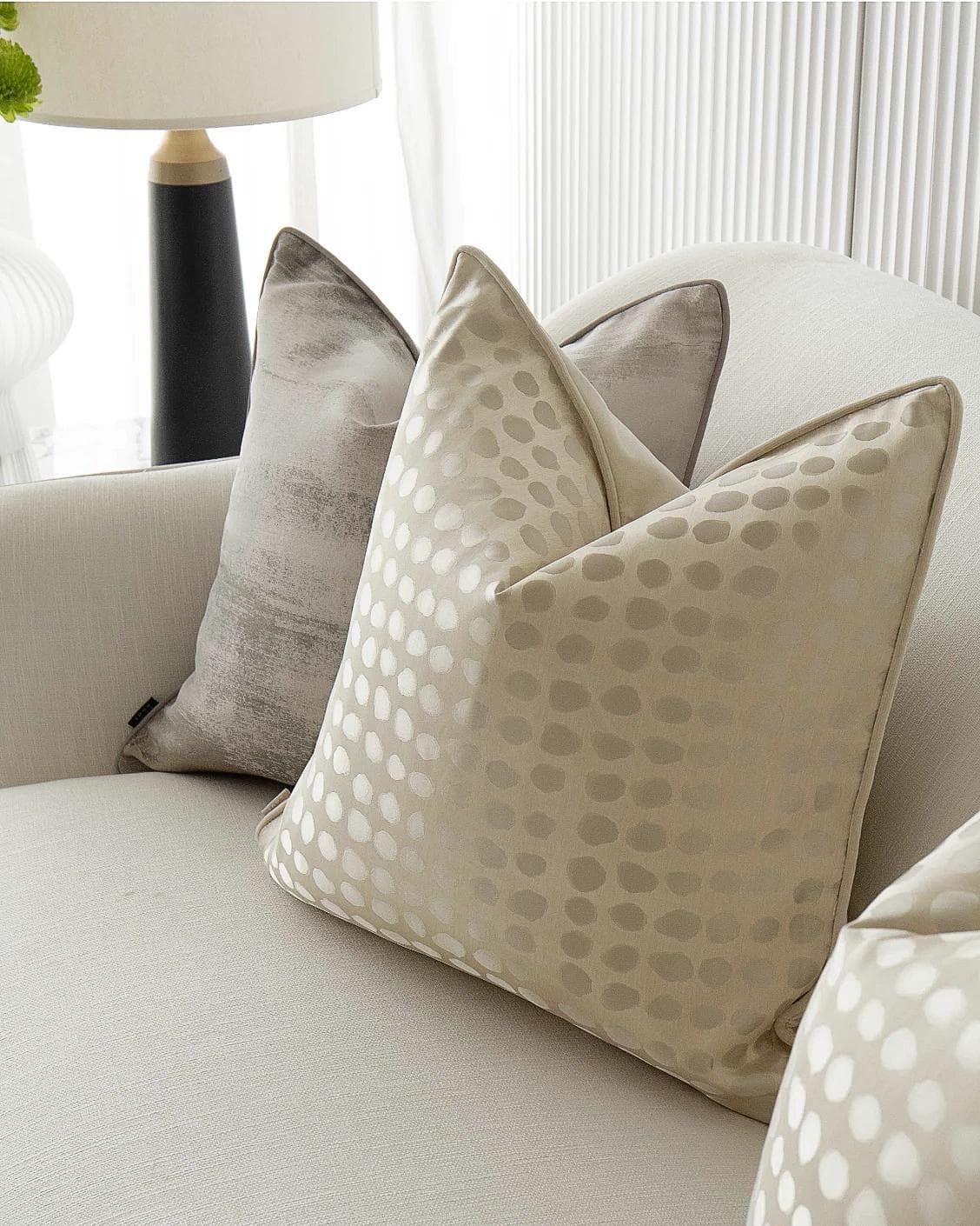 Candace Bundle cushion in yellow, silver, beige and gold, shown in a lifestyle right view as image 5