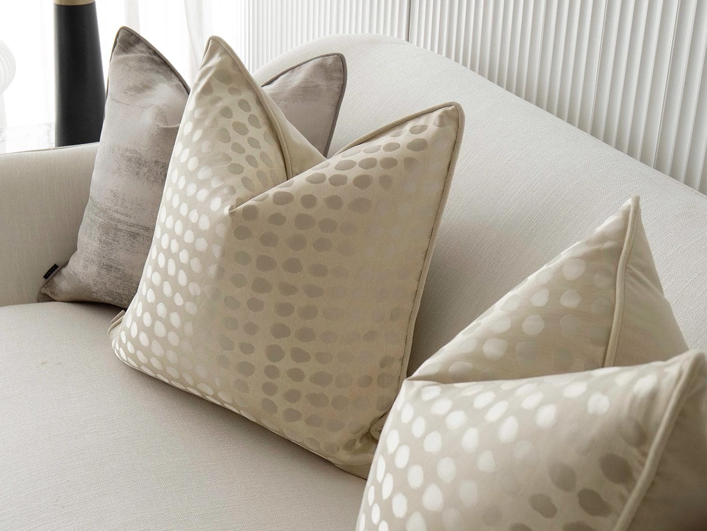 Candace Bundle cushion in yellow, silver, beige and gold, shown in a lifestyle right view as image 5