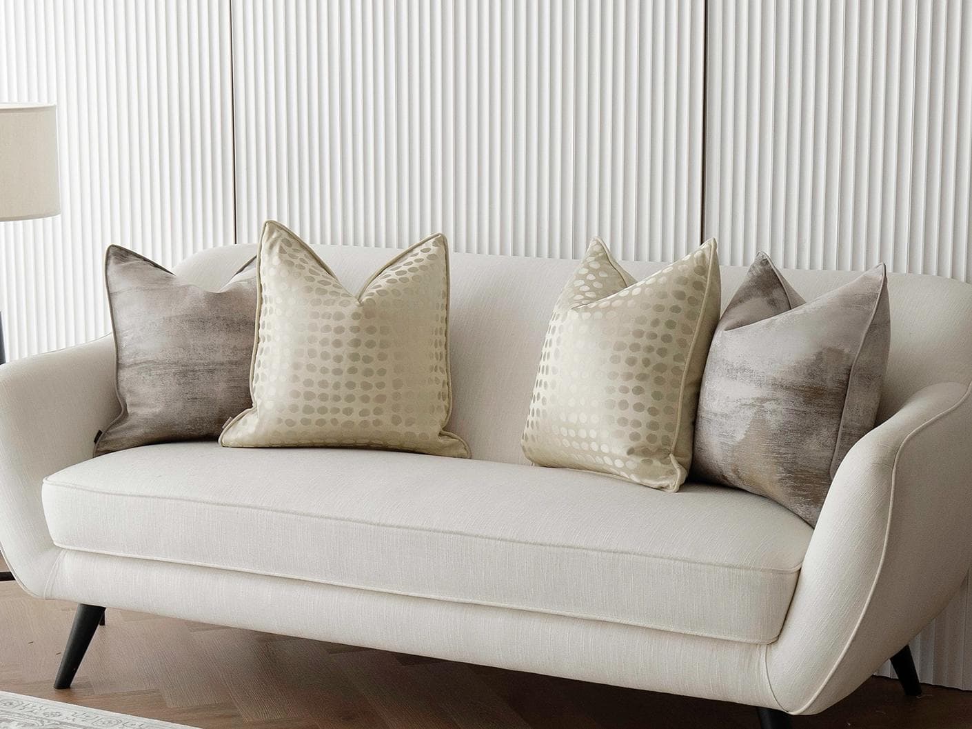 Candace Bundle cushion in yellow, silver, beige and gold, shown in a lifestyle right view as image 2