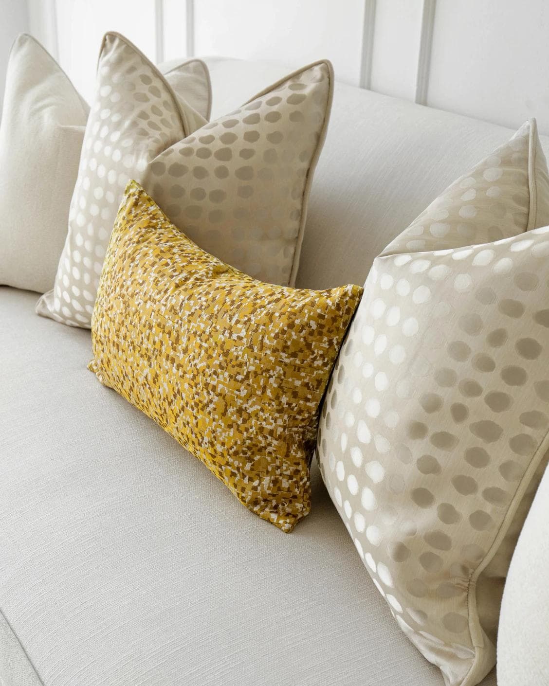 Valentina Bundle cushion in white, gold, yellow and beige, shown in a product right view as image 5