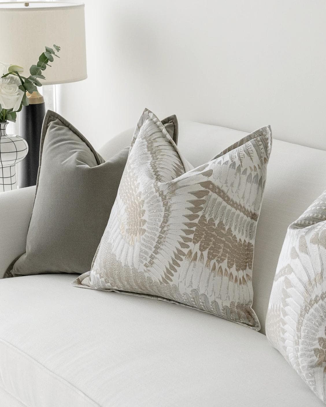 Yumi Bundle cushion in grey and brown, shown in a lifestyle right view as image 5