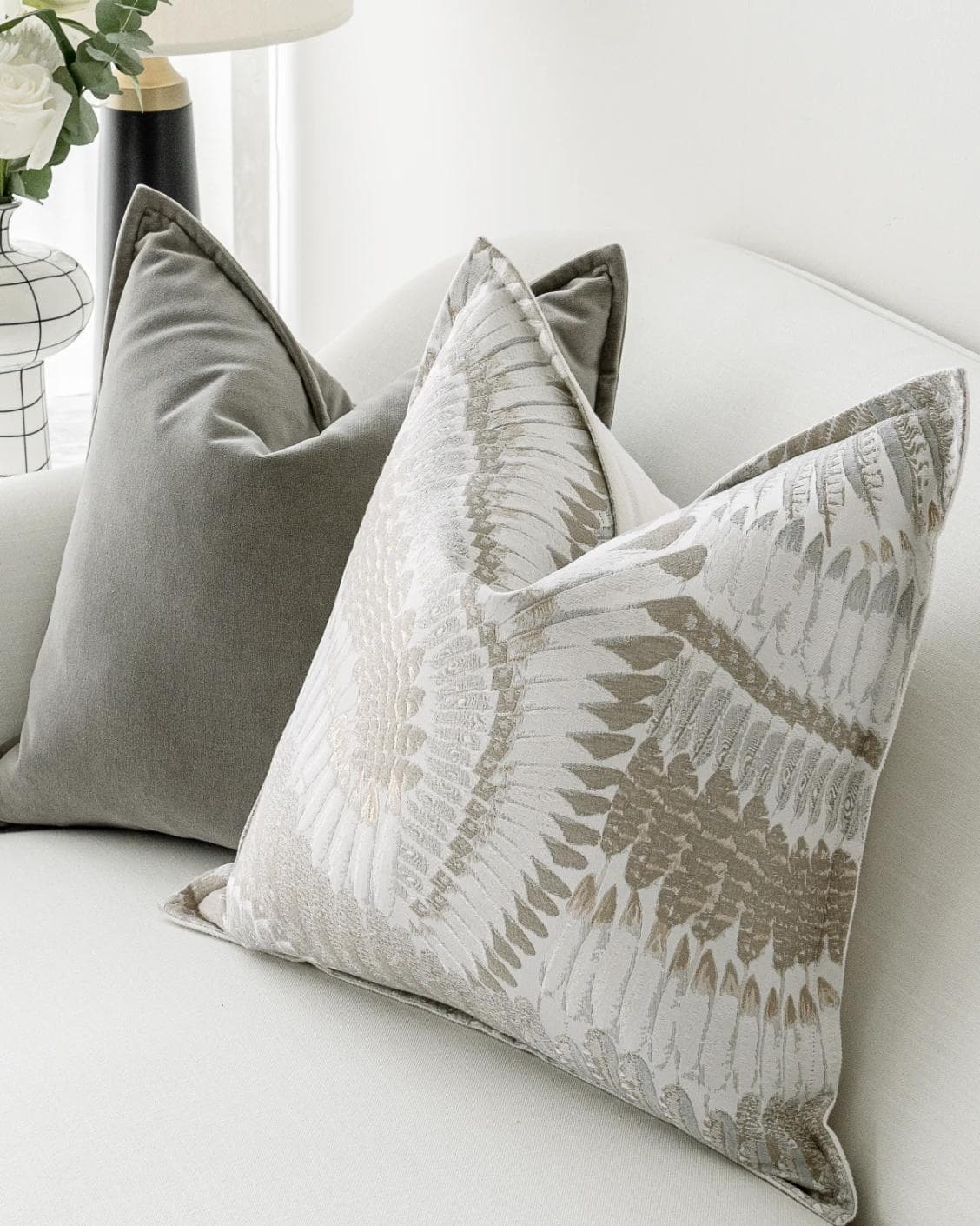 Yumi Bundle cushion in grey and brown, shown in a lifestyle right view as image 6