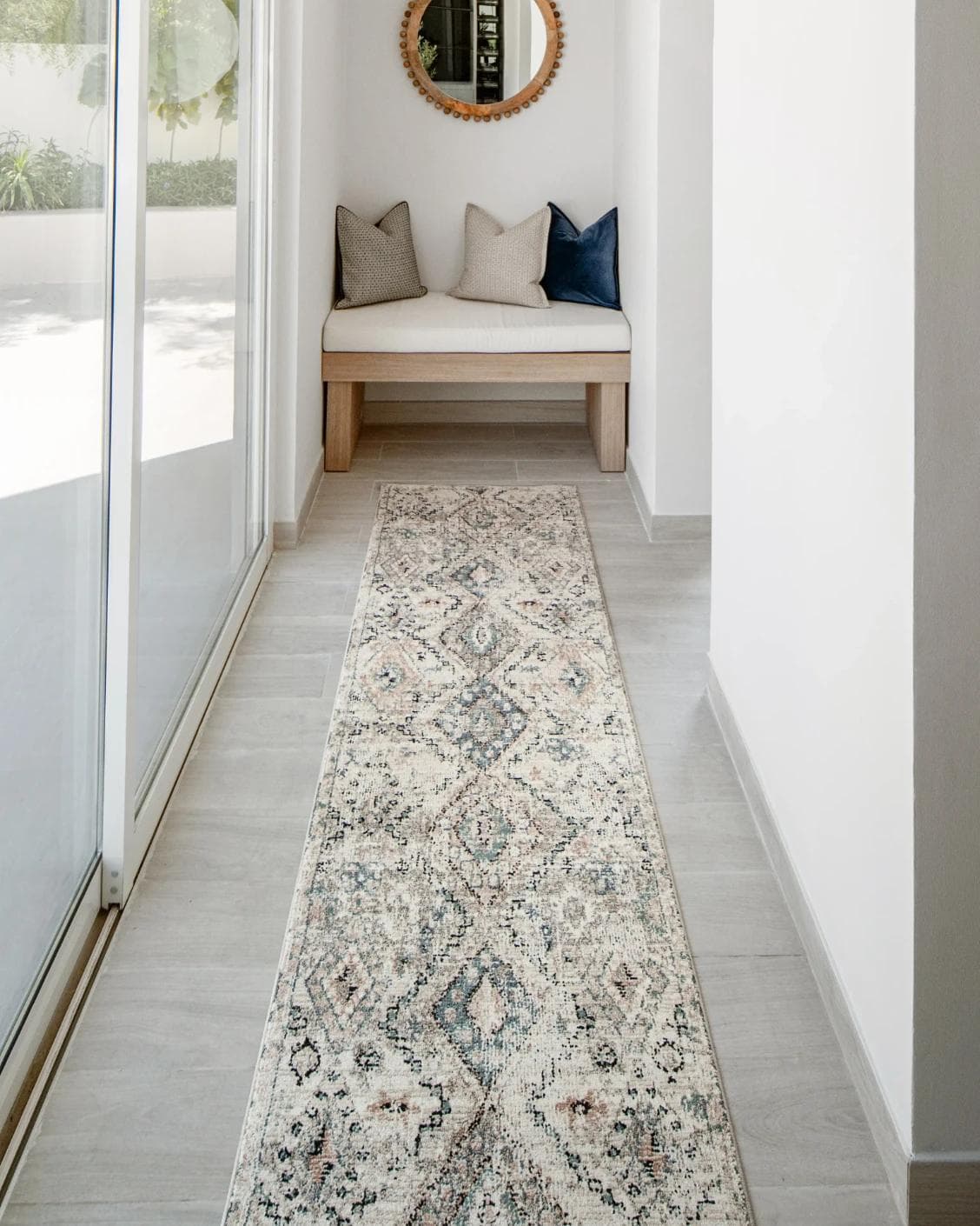 Zen Sandy Runners carpet in beige and blue, shown in a lifestyle front view